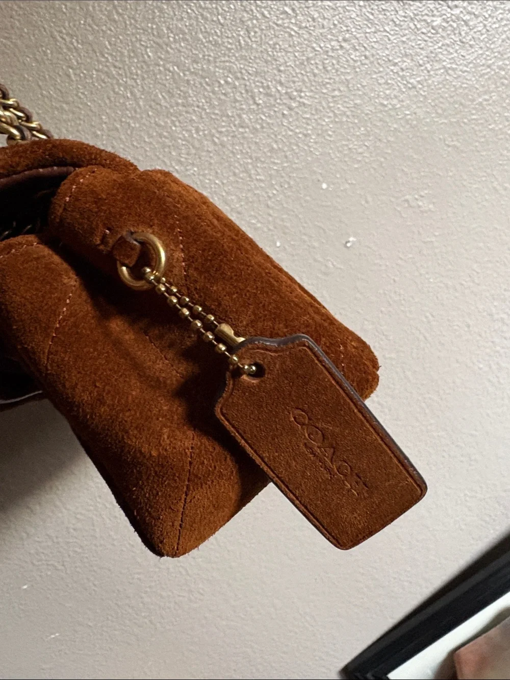 Coach Quilted Suede Shoulder Bag in Brown with Gold Hardware